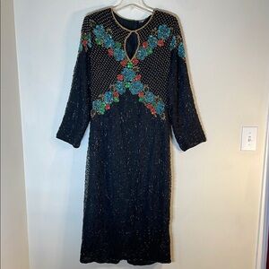 NWT. Exotic Creations Hand Beaded Pure Silk Long Sleeve Floral Dress. 16.